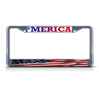 MERICA, AMERICA, AMERICAN FLAG Metal License Plate Frame Tag Border Two Holes   322191079696